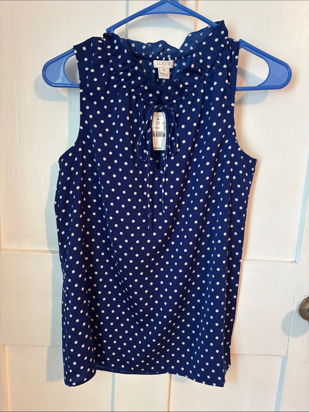 J. Crew Navy Polka Dot Sleeveless Ruffle Tie Neck Blouse